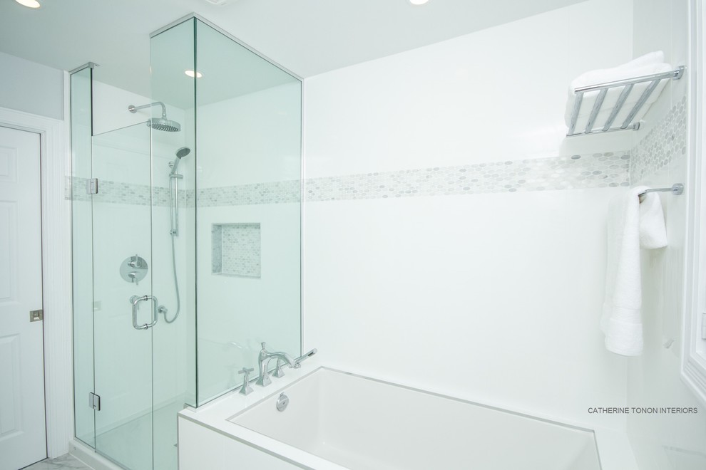 Design ideas for a small contemporary master bathroom in Toronto with an undermount sink, shaker cabinets, white cabinets, marble benchtops, an undermount tub, a corner shower, a one-piece toilet, white tile, porcelain tile, blue walls and marble floors.