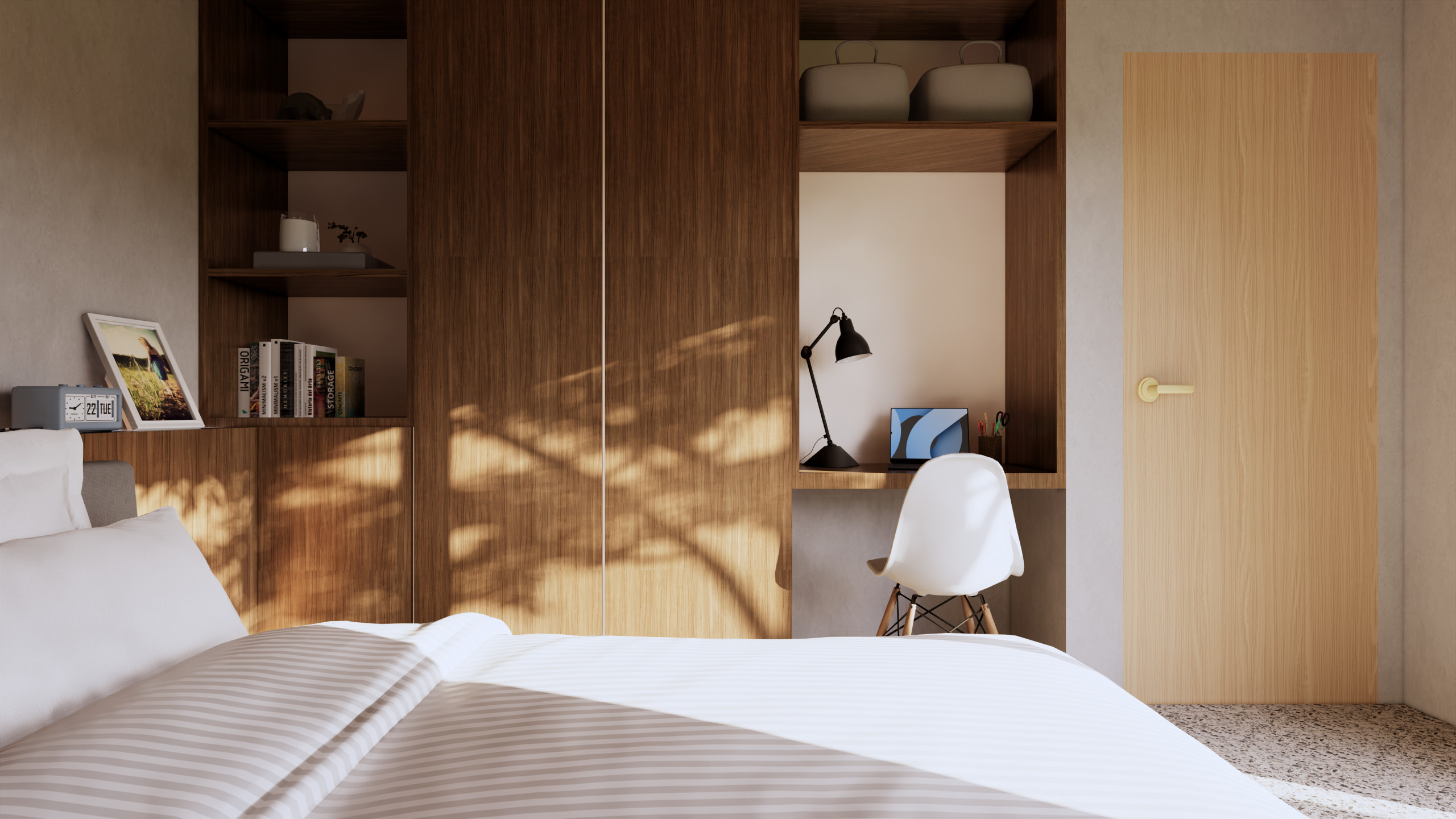 Light, wood and a little study nook in the bedroom. Adventurous palette.