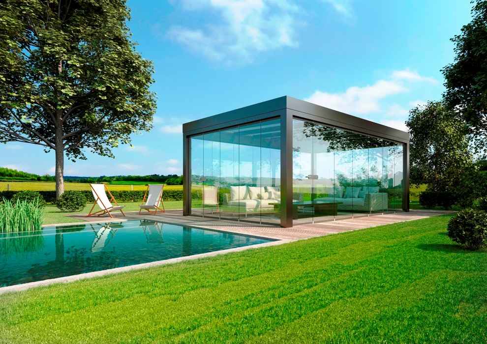 Mittelgroßes Modernes Poolhaus in rechteckiger Form mit Dielen in Essen