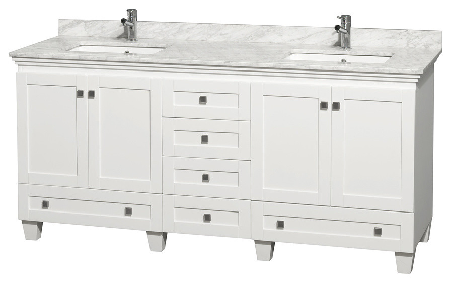 72" Acclaim Double Vanity With White Carrera Marble Top, Square Sink, No Mirror