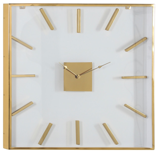 Extra Large Square Gold Metal Wall Clock with Clear Glass Face, 30
