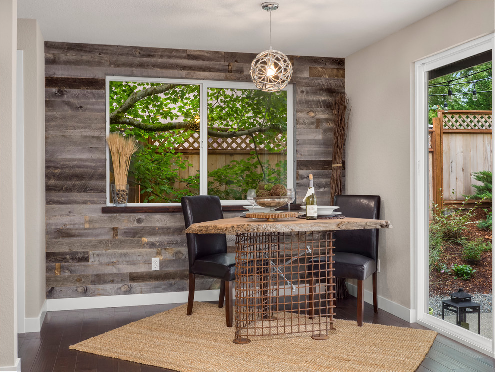 Inspiration for a mid-sized contemporary dark wood floor and brown floor kitchen/dining room combo remodel in Seattle with brown walls and no fireplace