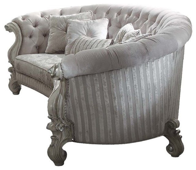 Acme Versailles Sofa With 5 Pillows Ivory Velvet And Bone White