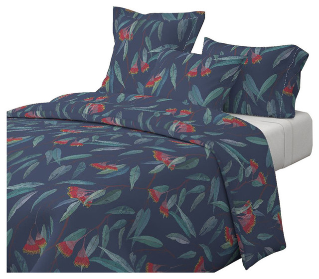 Eucalyptus Leaves And Flowers On Blue Blue Floral Cotton Duvet Cover, Full/Queen Contemporary