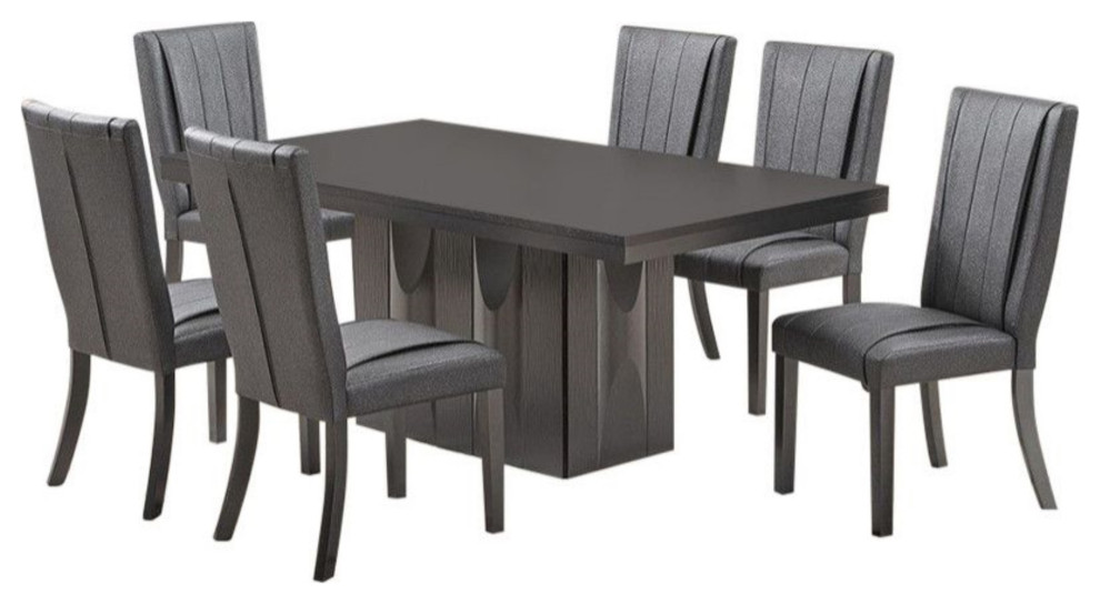 Voight 6 Piece Pedestal Dining Set, Gray Wood and Vinyl, Table, 6 Chairs