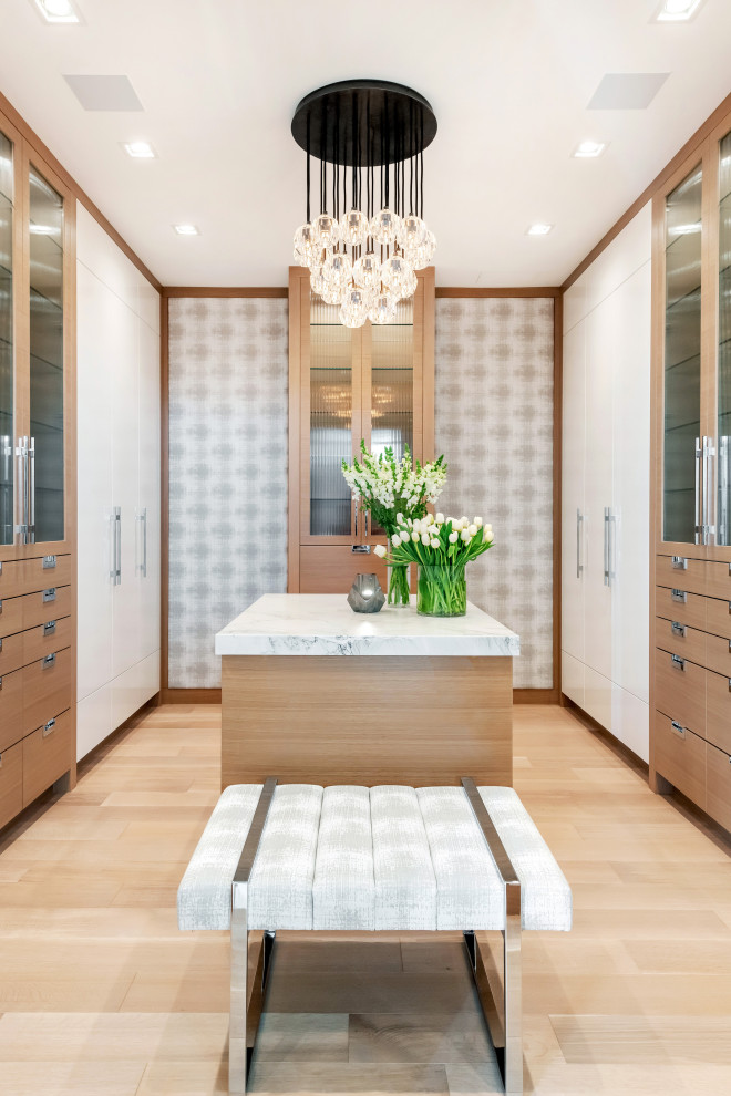 Inspiration for a large contemporary gender-neutral walk-in wardrobe in Other with flat-panel cabinets, light hardwood floors, beige floor and white cabinets.