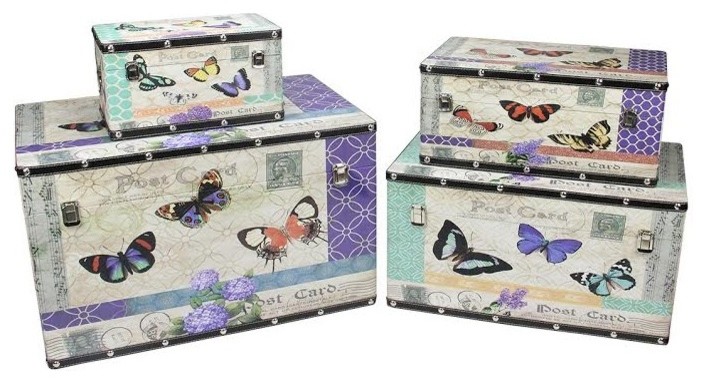 Wooden Garden-Style Butterfly Decorative Storage Boxes, Set of 4, 14-27"