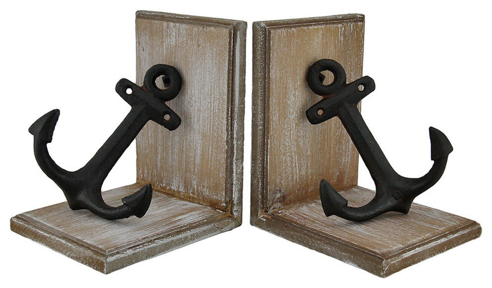 Wood and Cast Iron Nautical Anchor Decorative Bookend Set of 2