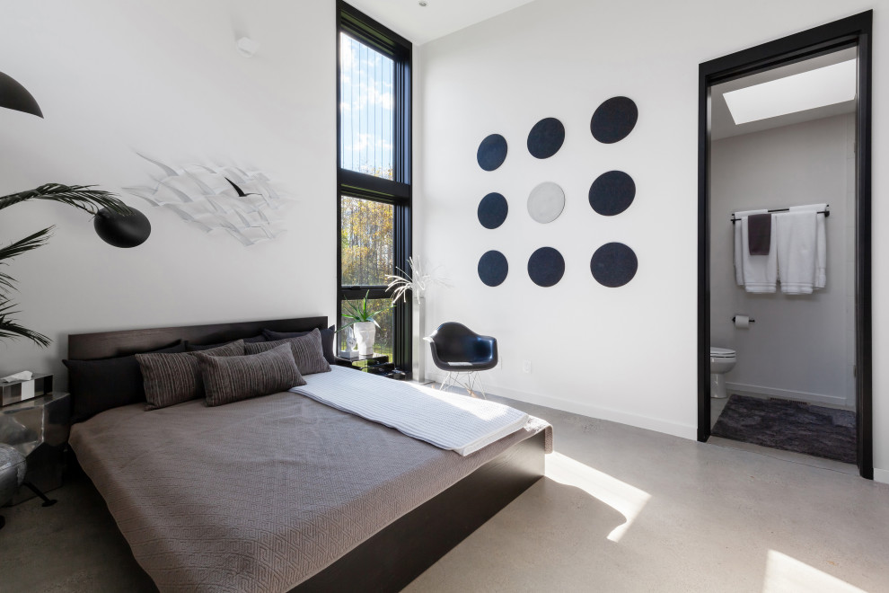 Inspiration pour une chambre d'amis grise et noire minimaliste de taille moyenne avec un mur blanc, sol en béton ciré, un sol gris et un plafond voûté.