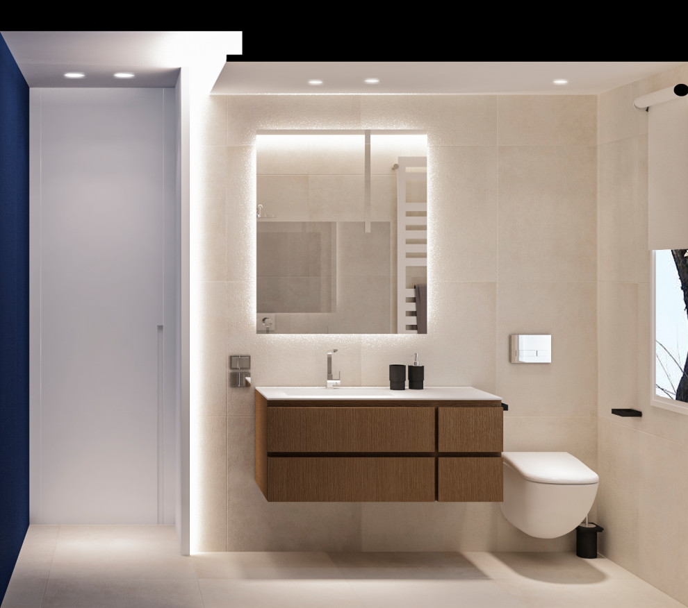 Идея дизайна: главная ванная комната среднего размера в стиле модернизм с плоскими фасадами, коричневыми фасадами, душем без бортиков, раздельным унитазом, бежевой плиткой, керамогранитной плиткой, бежевыми стенами, полом из керамогранита, консольной раковиной, столешницей из искусственного камня, бежевым полом, открытым душем, белой столешницей, тумбой под одну раковину, подвесной тумбой и многоуровневым потолком