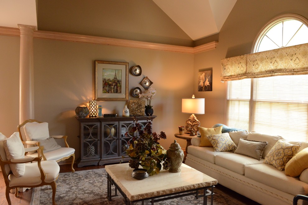Mid-sized transitional formal open concept living room in Chicago with beige walls, medium hardwood floors, no fireplace, no tv and brown floor.
