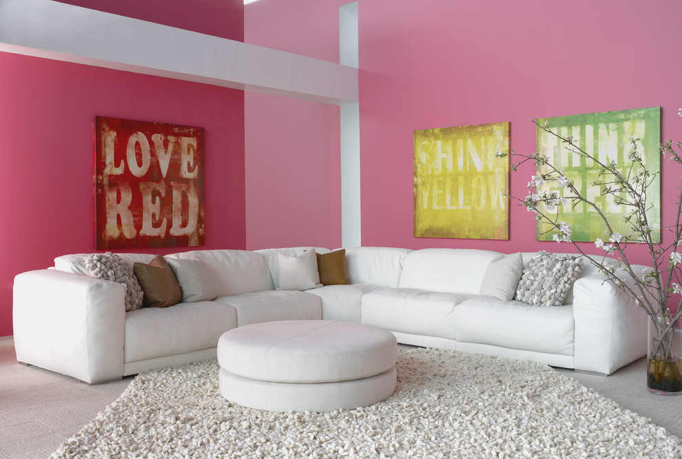 Large contemporary formal open concept living room in Bridgeport with pink walls, carpet, no fireplace, no tv and white floor.
