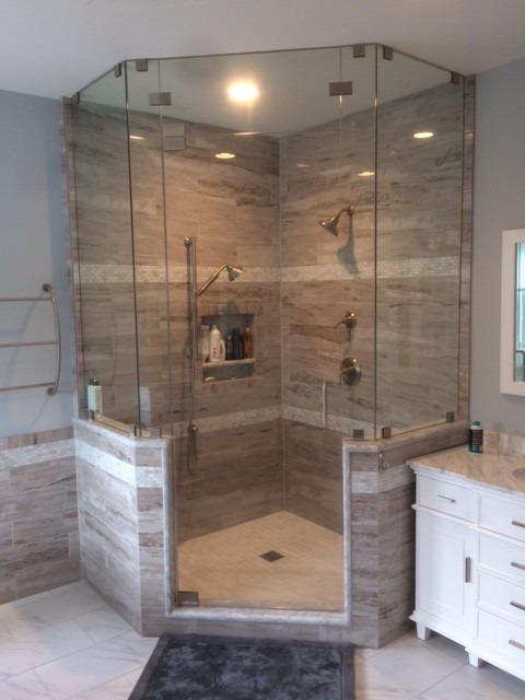 Inspiration for a mid-sized transitional master bathroom in DC Metro with grey walls, recessed-panel cabinets, white cabinets, a freestanding tub, a corner shower, an undermount sink, quartzite benchtops, white floor, a hinged shower door and white benchtops.