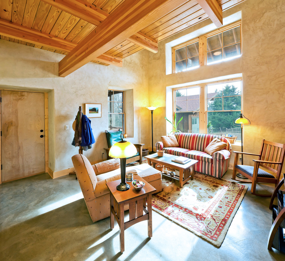 Small country loft-style living room in Kansas City with beige walls, no fireplace and a freestanding tv.