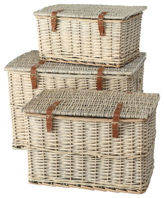 3 Piece Wicker Storage Trunks, Woven Rattan Tropical Decorative
