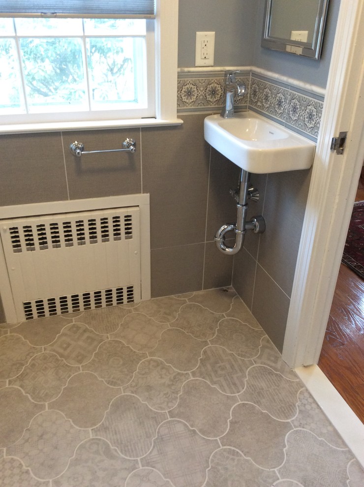 Small eclectic 3/4 bathroom in Bridgeport with blue tile, gray tile, mosaic tile, blue walls and a pedestal sink.
