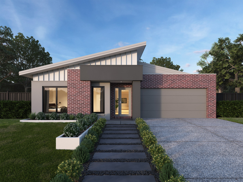 Design ideas for a mid-sized one-storey brick brown house exterior in Melbourne with a metal roof and a white roof.