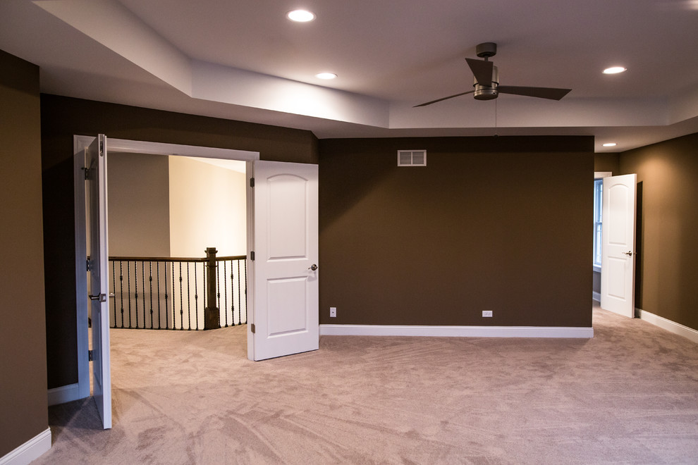 Mid-sized transitional master carpeted home design photo in Chicago with brown walls and no fireplace
