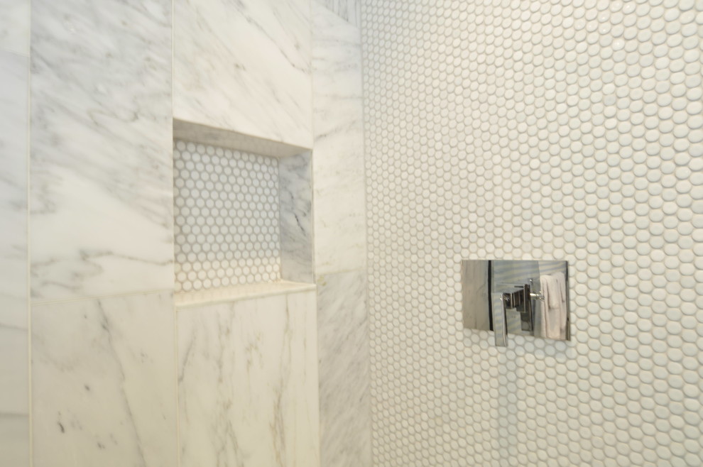 Inspiration for a mid-sized transitional 3/4 bathroom in Miami with flat-panel cabinets, white cabinets, an alcove shower, a one-piece toilet, black and white tile, stone slab, white walls, ceramic floors, an undermount sink and marble benchtops.
