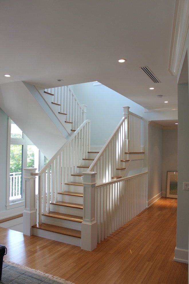 Photo of a transitional wood staircase in Other with wood risers and wood railing.