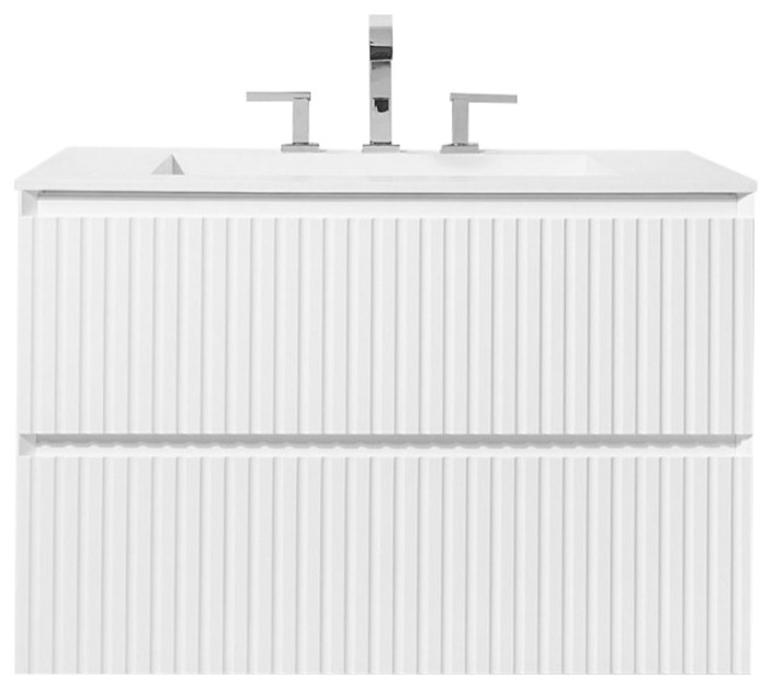 Linear High Gloss Bathroom Vanity With Solid Surface Countertop, 30