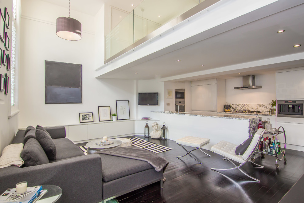 This is an example of a mid-sized contemporary formal loft-style living room in London with white walls, dark hardwood floors and a wall-mounted tv.