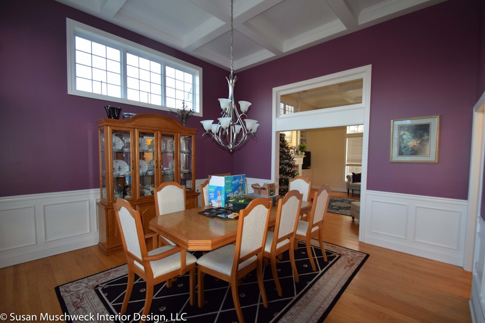 Enclosed dining room - mid-sized transitional light wood floor enclosed dining room idea with no fireplace