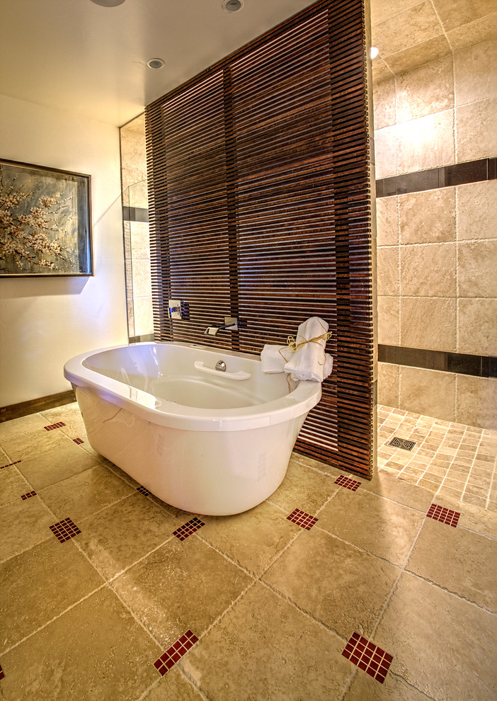 Mid-sized trendy master multicolored tile and stone tile travertine floor bathroom photo in Other with furniture-like cabinets, granite countertops and white walls