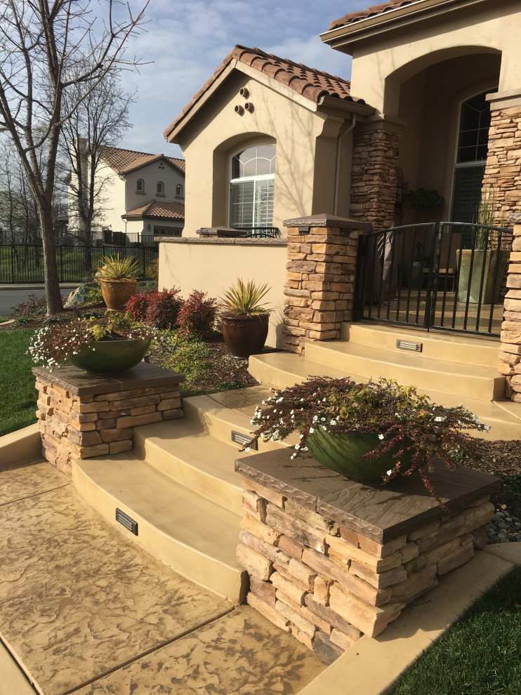 Photo of a mediterranean front yard full sun garden for summer in Sacramento with with path and concrete pavers.