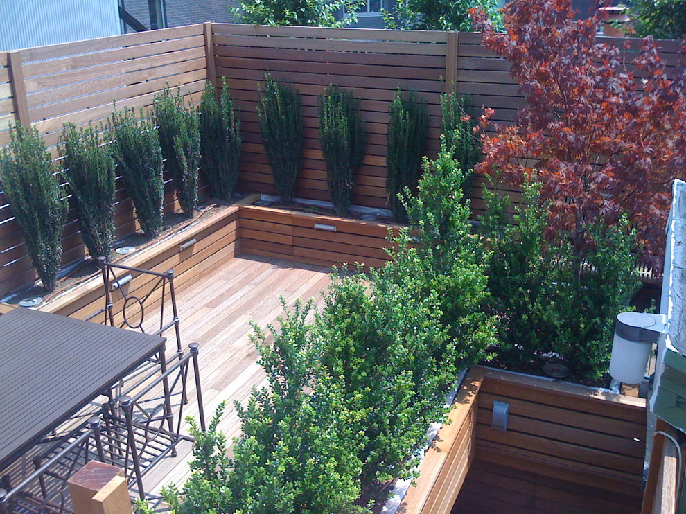 Inspiration for a large contemporary rooftop deck in New York with a container garden and a pergola.