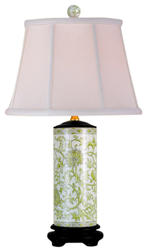 Tapestry Floral Porcelain Vase Table Lamp, Green and White, 20
