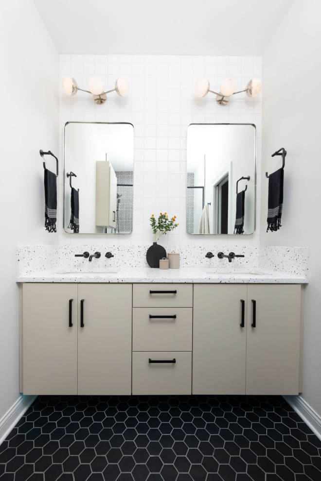 Inspiration for a medium sized contemporary shower room bathroom in Chicago with flat-panel cabinets, beige cabinets, an alcove shower, white walls, mosaic tile flooring, a built-in sink, quartz worktops, black floors, a hinged door, multi-coloured worktops, double sinks and a built in vanity unit.