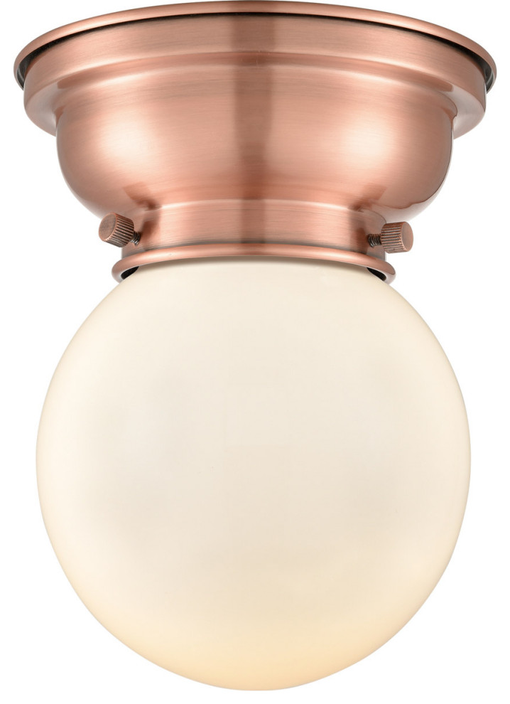 Aditi Beacon 1 Light Flush Mount, Antique Copper, Matte White Glass