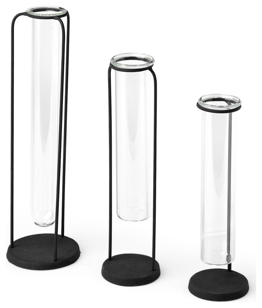 Beeker Black Metal Test Tube Style Vases (Set Of 3) Transitional