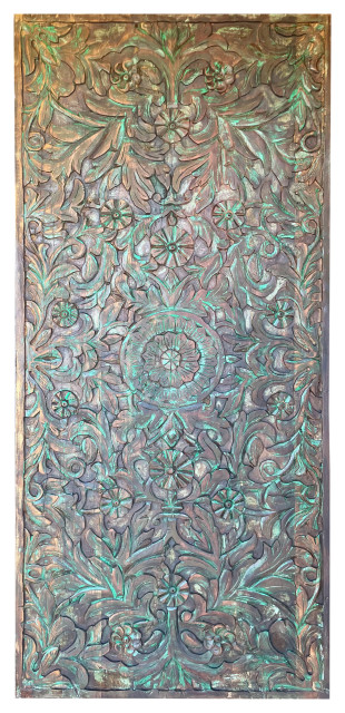 Consigned Antique Black Green Carved Lotus Garden Doors, Indian, Barn Door