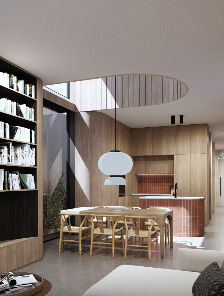 Aménagement d'une salle à manger ouverte sur le salon moderne en bois avec sol en béton ciré et un sol gris.