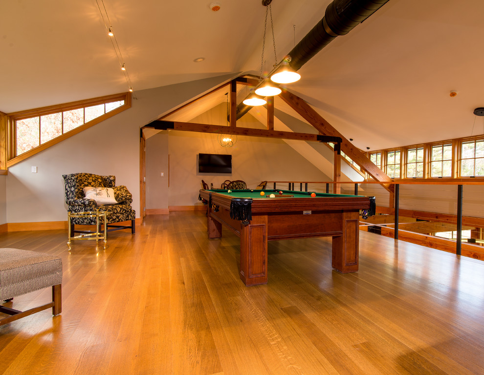 This is an example of a large contemporary loft-style family room in Boston with a game room, white walls and light hardwood floors.