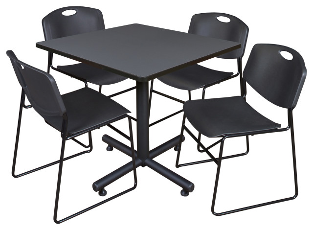 Kobe 42" Square Breakroom Table- Grey & 4 Zeng Stack Chairs- Black