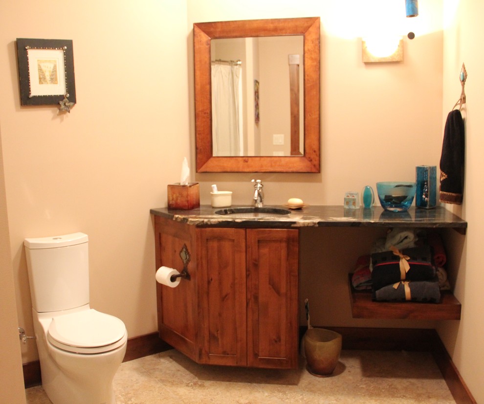 Mid-sized modern bathroom in Chicago with medium wood cabinets, ceramic tile, ceramic floors and wood benchtops.