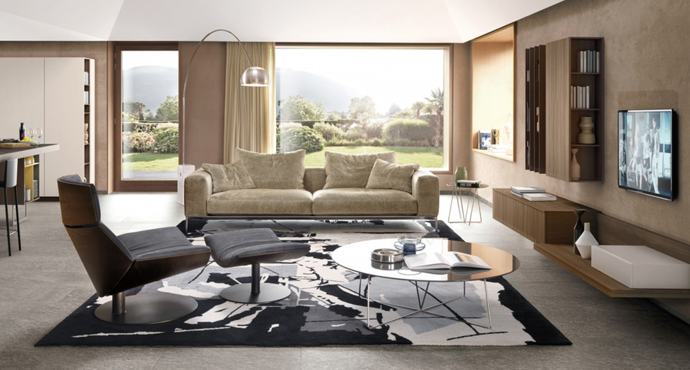 This is an example of a large contemporary open concept living room in Miami with beige walls and carpet.