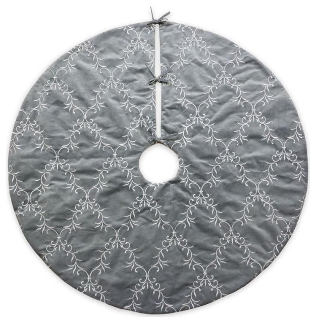 Homey Cozy 56" Embroidered Velvet Christmas Tree Skirt in Gray