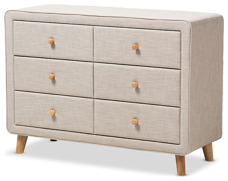 Jonesy Mid-Century Beige Linen Upholstered 6-Drawer Dresser