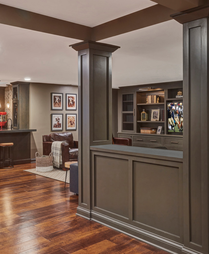 Inspiration for a transitional dark wood floor and brown floor basement remodel in Chicago with gray walls
