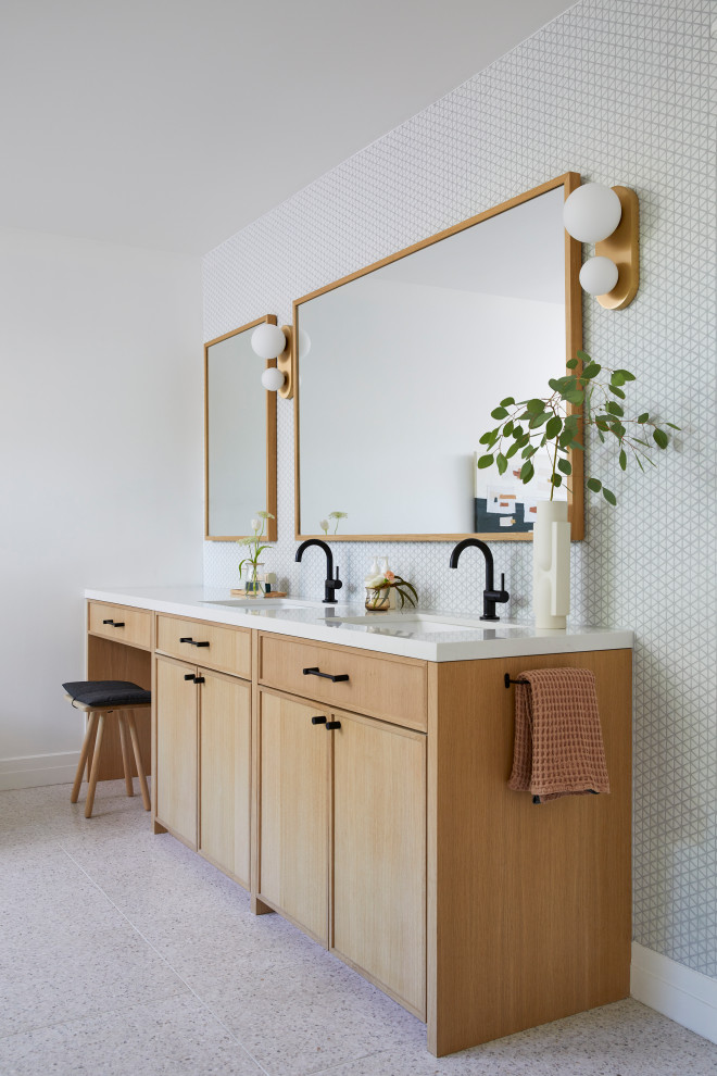 Photo of a large scandinavian master bathroom in San Francisco with shaker cabinets, light wood cabinets, a freestanding tub, a curbless shower, a bidet, white tile, glass tile, white walls, terrazzo floors, an undermount sink, engineered quartz benchtops, grey floor, an open shower, white benchtops, a niche, a double vanity and a built-in vanity.