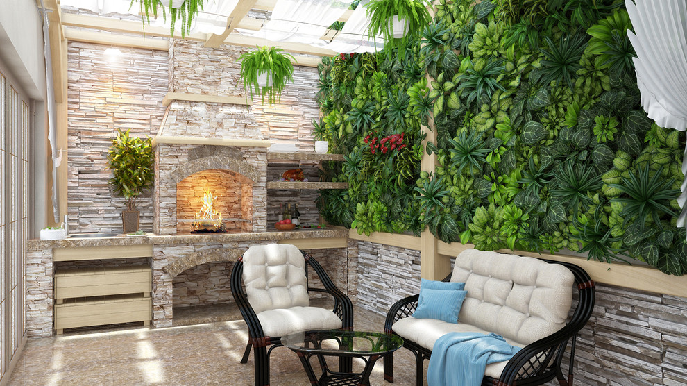 Mid-sized tropical courtyard patio in Other with a vertical garden, decomposed granite and a pergola.