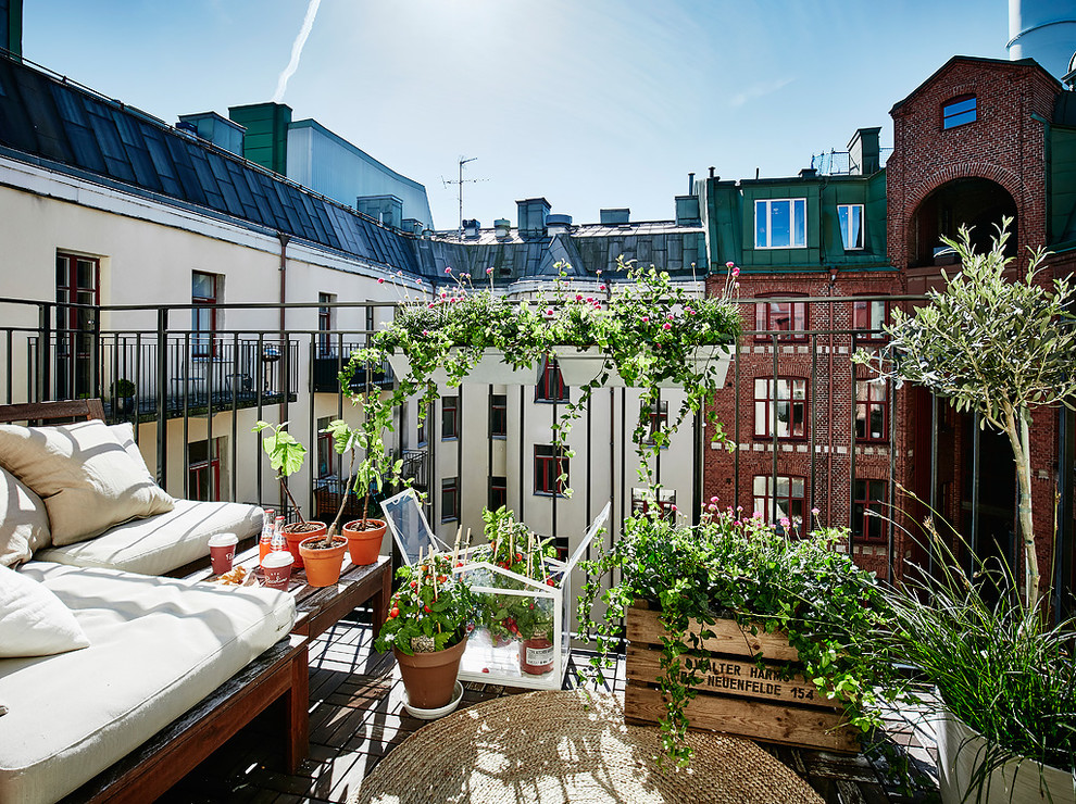 Mid-sized scandinavian balcony in Gothenburg with a container garden, no cover and metal railing.