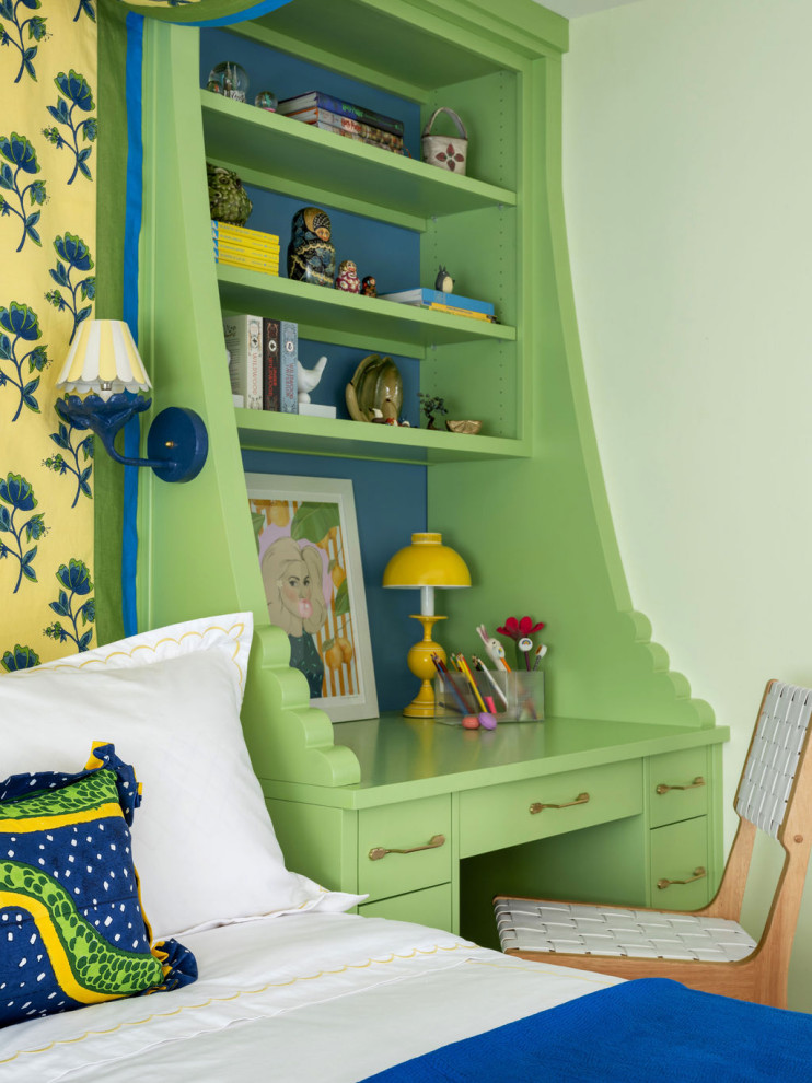 Photo of a mid-sized traditional gender-neutral kids' bedroom in Atlanta with green walls, medium hardwood floors and brown floor.