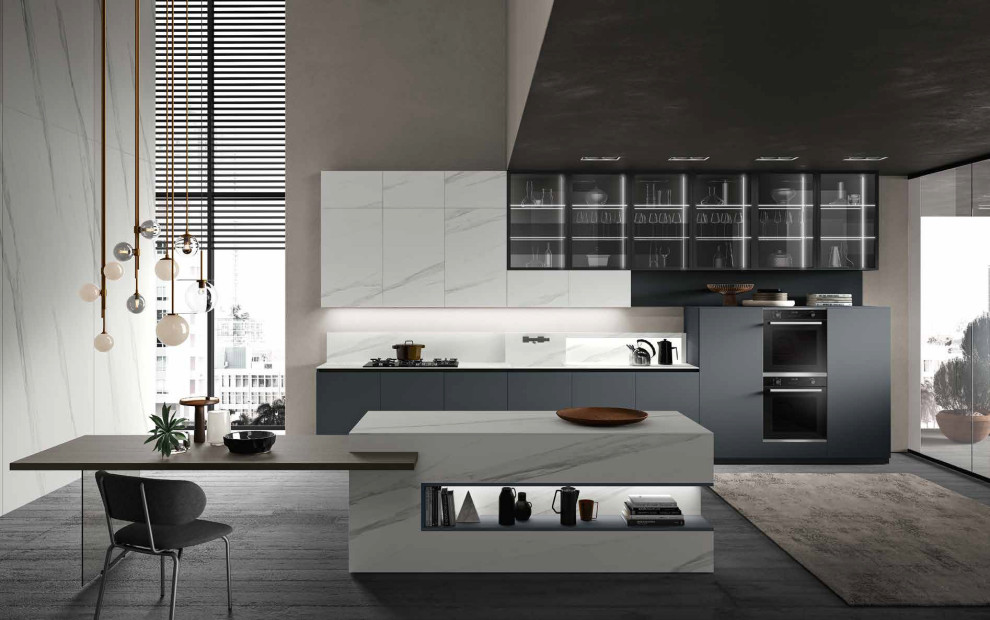 Idéer för ett modernt vit kök och matrum, med släta luckor, grå skåp och en köksö