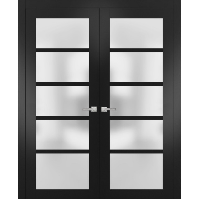 Solid French Double Doors 56 x 80 Frosted Glass, Quadro 4002 Matte Black