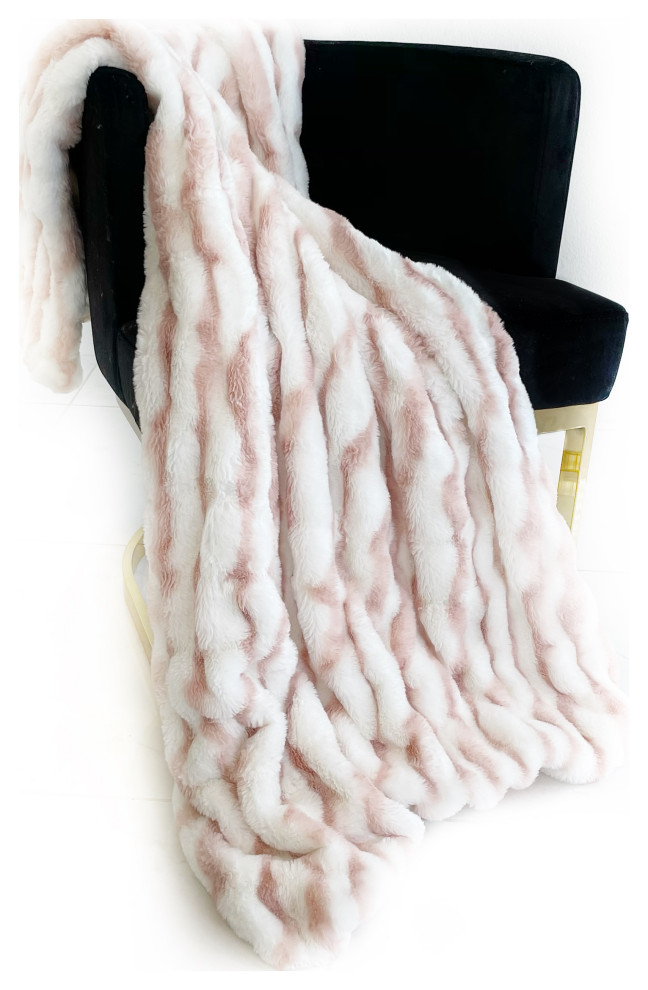 White Pink Snow Chinchilla Faux Fur Luxury Throw Blanket, Throw 36Wx60L